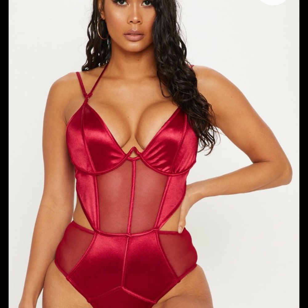 Maroon Satin Mesh Wire Bodysuit